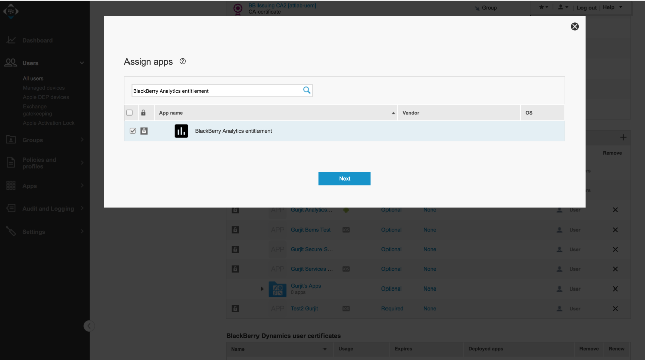 Select the BlackBerry Analytics entitlement